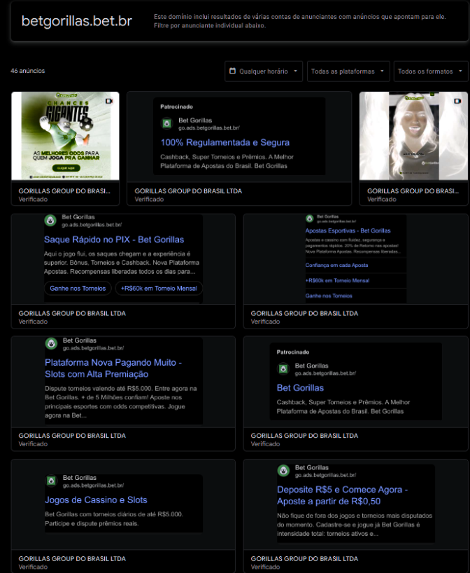 Anúncios da Bet Gorillas — Grade geral