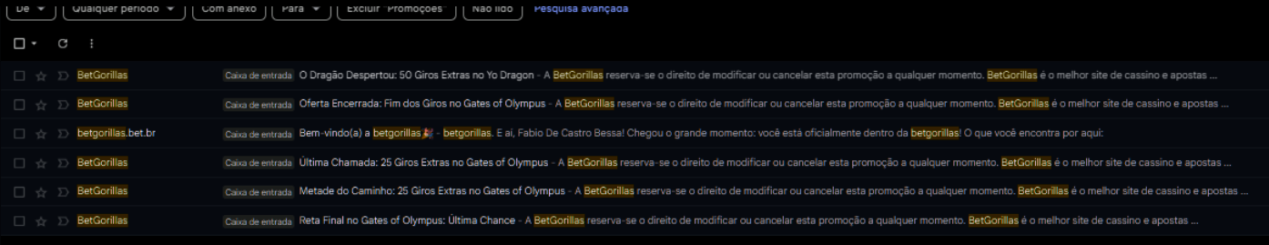 Inbox com 5 emails BetGorillas em sequência