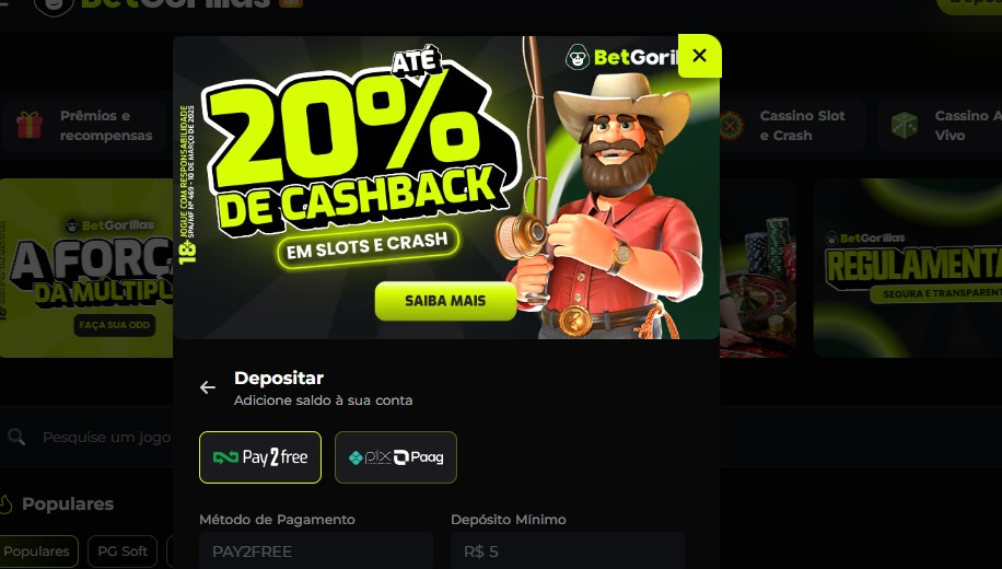 Pop-up de cashback 20% com botão Saiba Mais quebrado